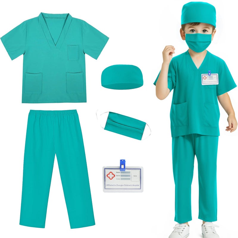 Mizzuco Doctor Costume for Kids Toddler Nurse Scrubs Halloween Dress Up Cosplay For Boys Girls 3-12 Years (Green  XXL-150CM/8-9yrs) - Image 1